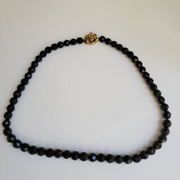 Vintage Black Bead Necklace - Gold Tone Rose Clasp, 21 Inches - Picture 2 of 10